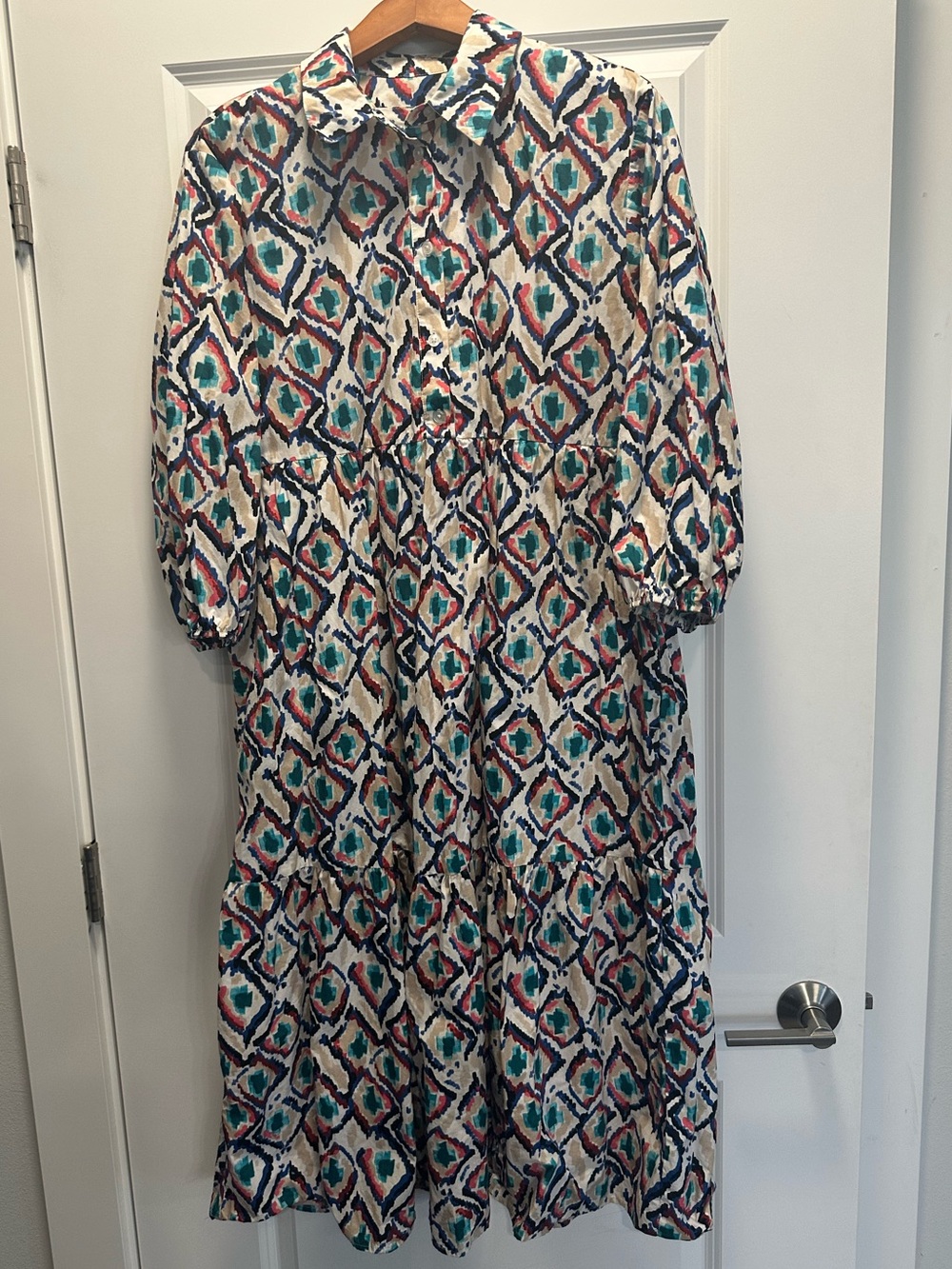Viral Anthropologie Bettina Tiered Shirt dress. Geometric teal multicolored. Med - Picture 4 of 6